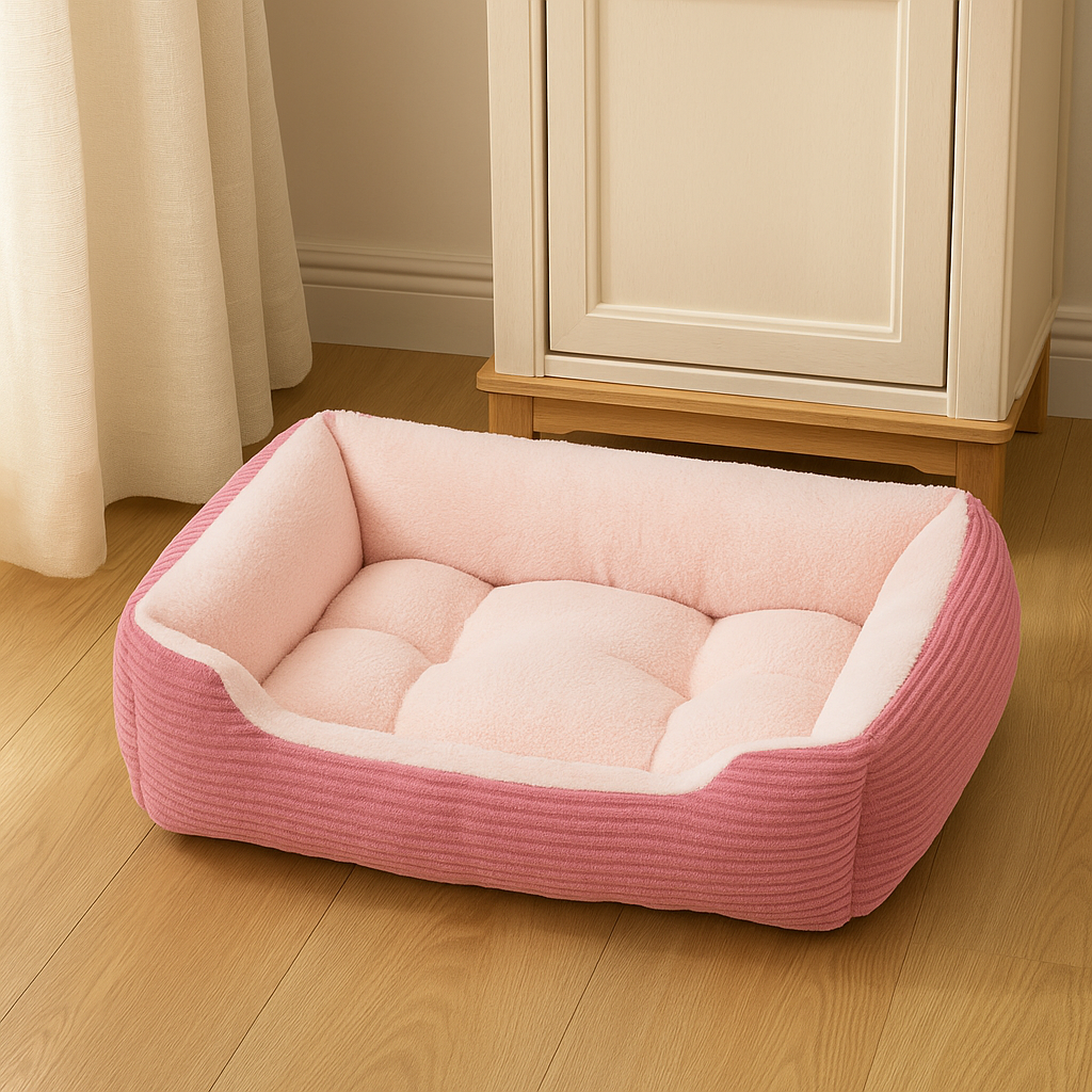 Panier chien xxl de couleur rose posé dans une chambre en bois devant une commode blanche. Image produit Boutiquechien