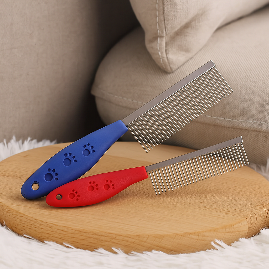 peigne pour chien de couleur bleu et rouge posé en évidence pour les mettre en valeurs. En fond il y a des coussinets de couleur claire. Image produit Boutiquechien