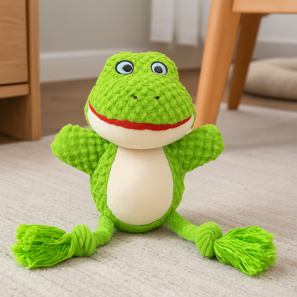 Grenouille chien vert style corde. Le jouet corde est posé dans une pièce de couleur claire. Image produit Boutiquechien
