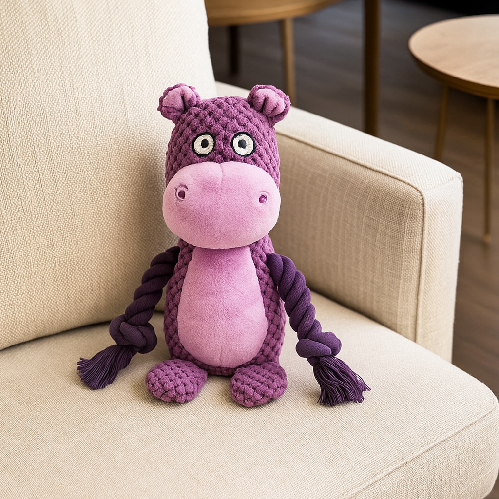 Peluche pour chien style corde positionné sur un canap gris. La peluche est un hippopotame de couleur violet dans un salon claire. Image produit Boutiquechien