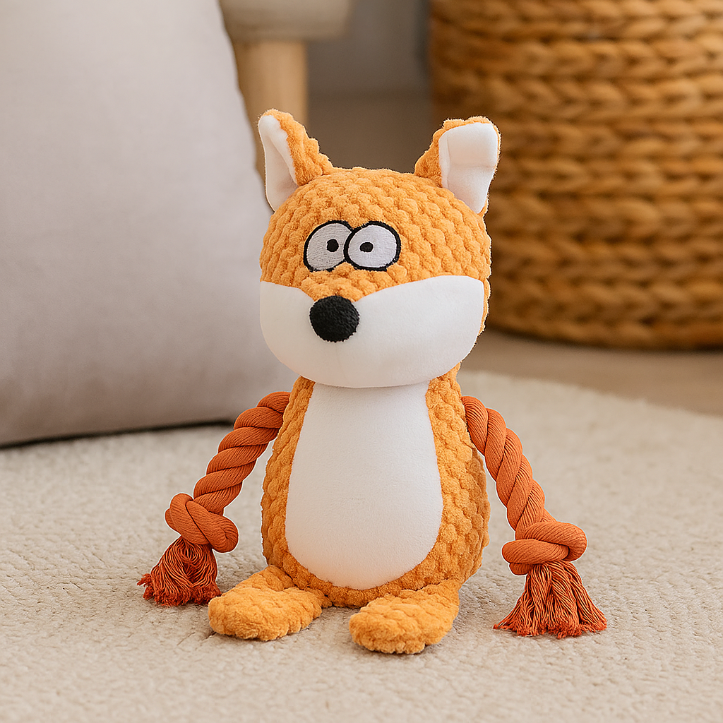 Renard roux en corde pour chien et peluche. Le jouet chien est posé un sol gris avec en fond un pot de fleur en osier. Image produit Boutiquechien
