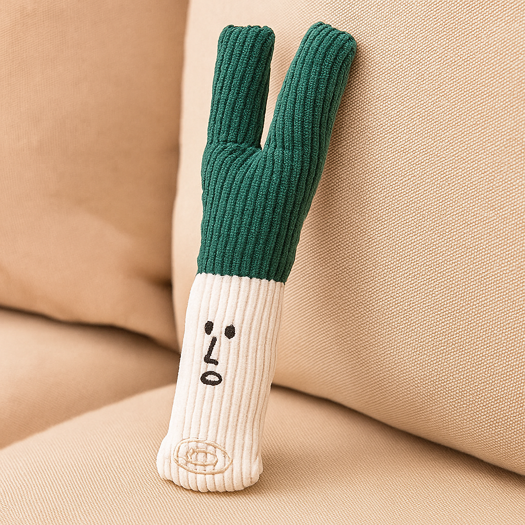 peluche poireau vert et blanc posé sur un canapé beige. Image produit Boutiquechien