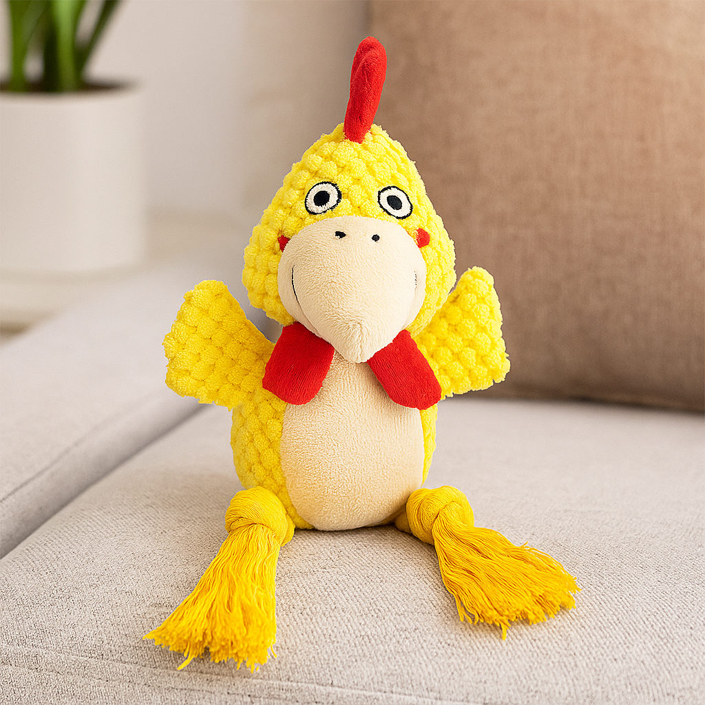 peluche chien coq de couleur jaune et rouge posé sur un canapé de couleur gris avec en fond une plante verte. Image produit Boutiquechien
