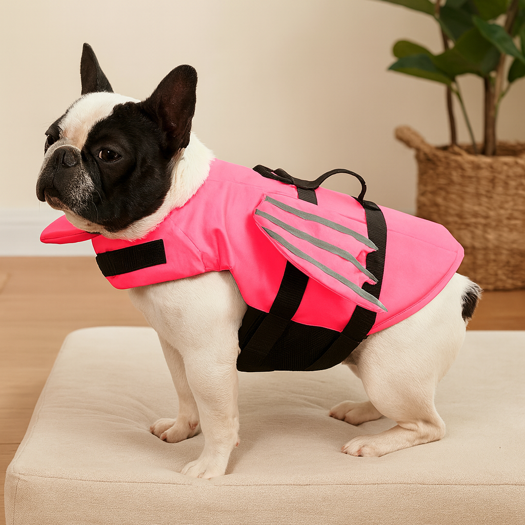 buldog de couleur noir et blanc portant un gilet de sauvetage de couleur rose en forme de dragon. Le chien est sur un tapis moelleux de couleur blanc posé par terre avec en fondu ne plante verte. Image produit Boutiquechien