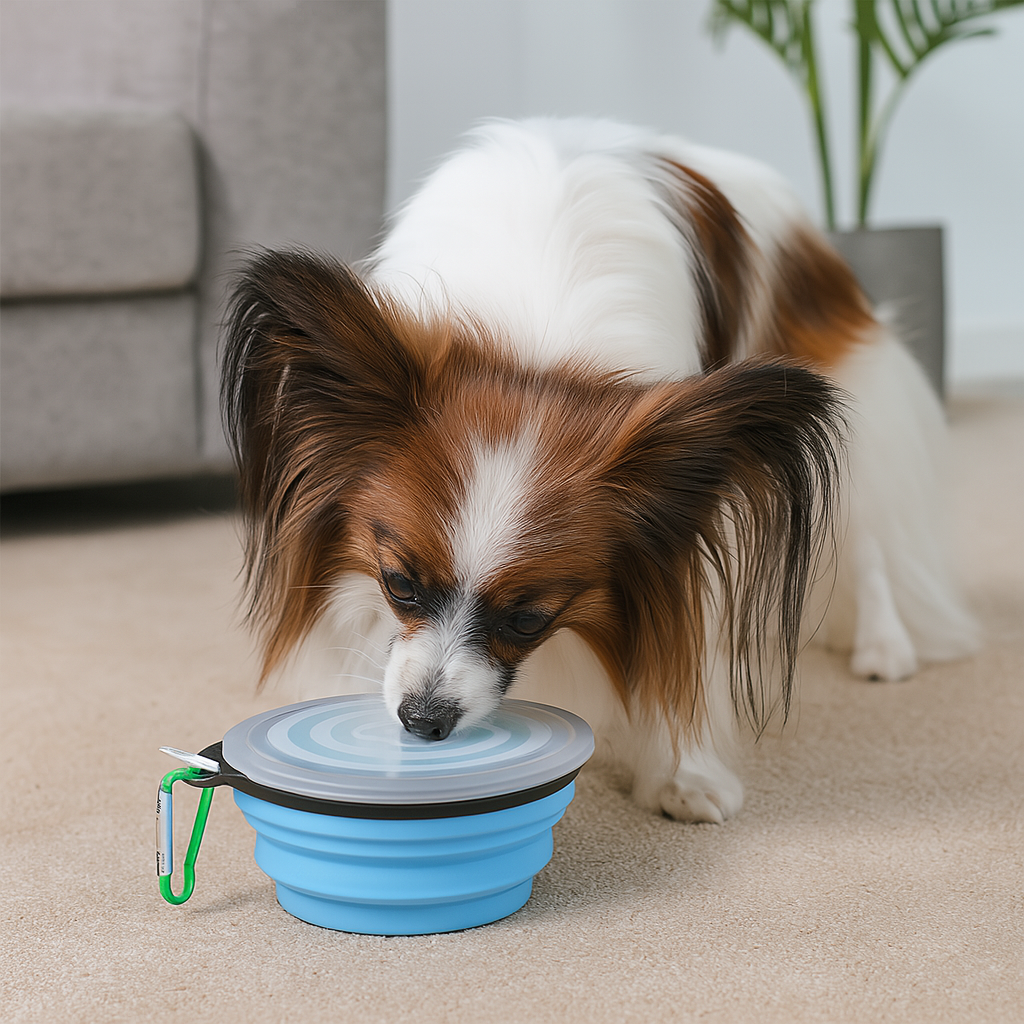 Petit chien blanc et brun avec gamelle pliante bleu. La gamelle bleu à un mousqueton vert et une protection transparente. EN fond il y a un canapé de couleur de gris et une plante verte. Image produit Boutiquechien