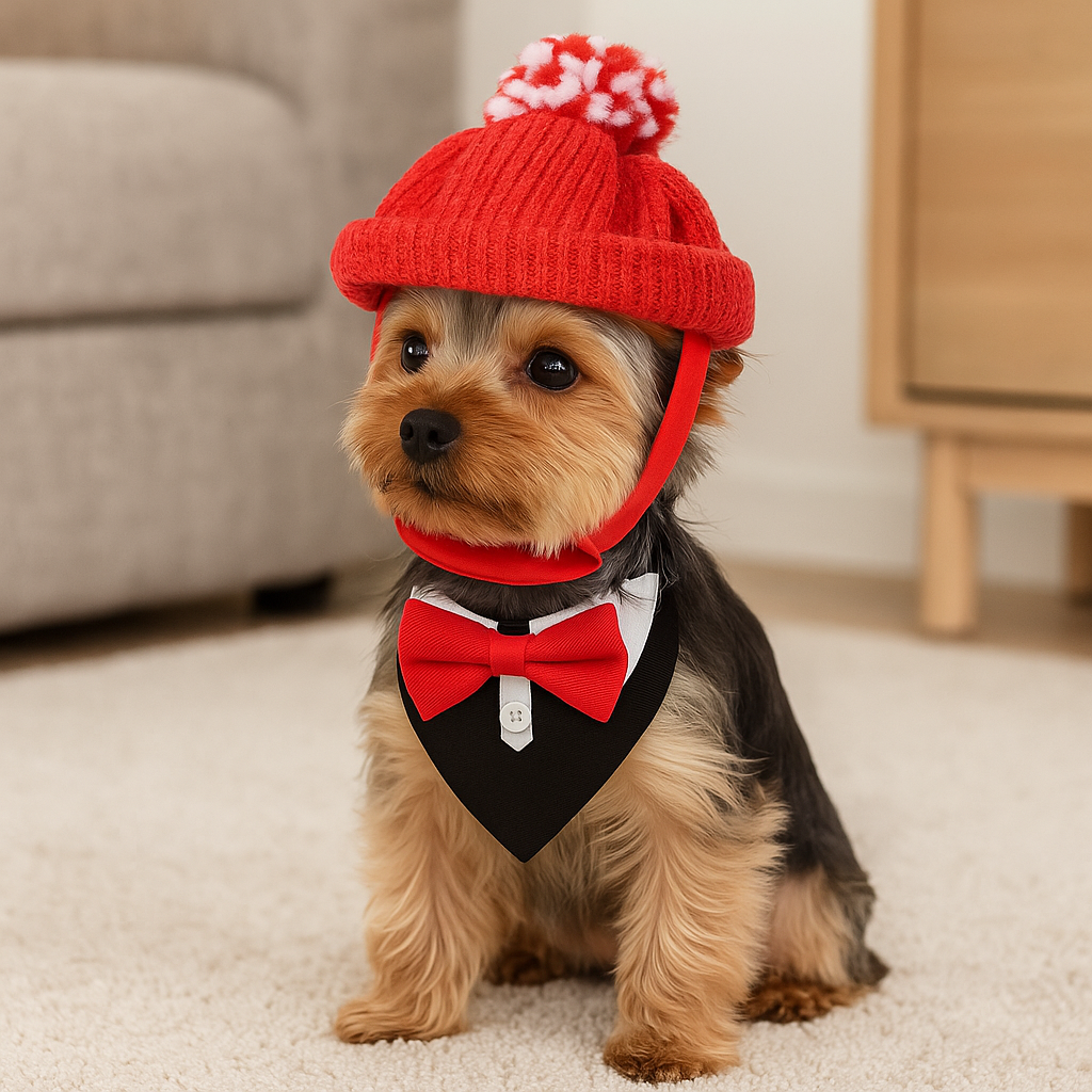 Petit chien avec un bonnet rouge pour chien assis dans un salon de couleur claire. En fond il y a un canapé gris pour chien avec une commode en bois. Image produit Boutiquechien
