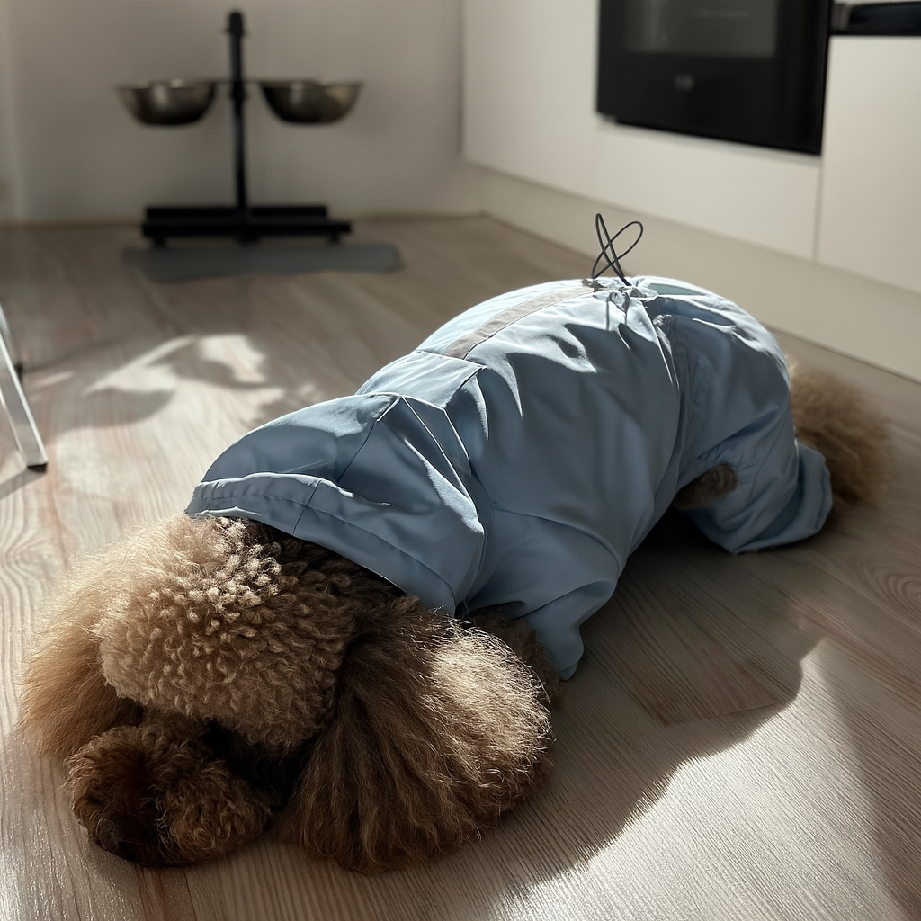 Petit chien de couleur claire portant un imper de couleur gris dans une cuisine de couleur claire. En fond de l'image on voit deux gamelles surélevé près d'un meuble blanc. Image produit Boutiquechien