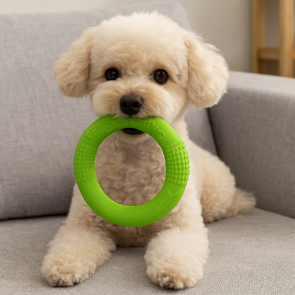 petit chien blanc avec un anneau vert dans la gueule. Le chien est de couleur blanc. Image produit Boutiquechien