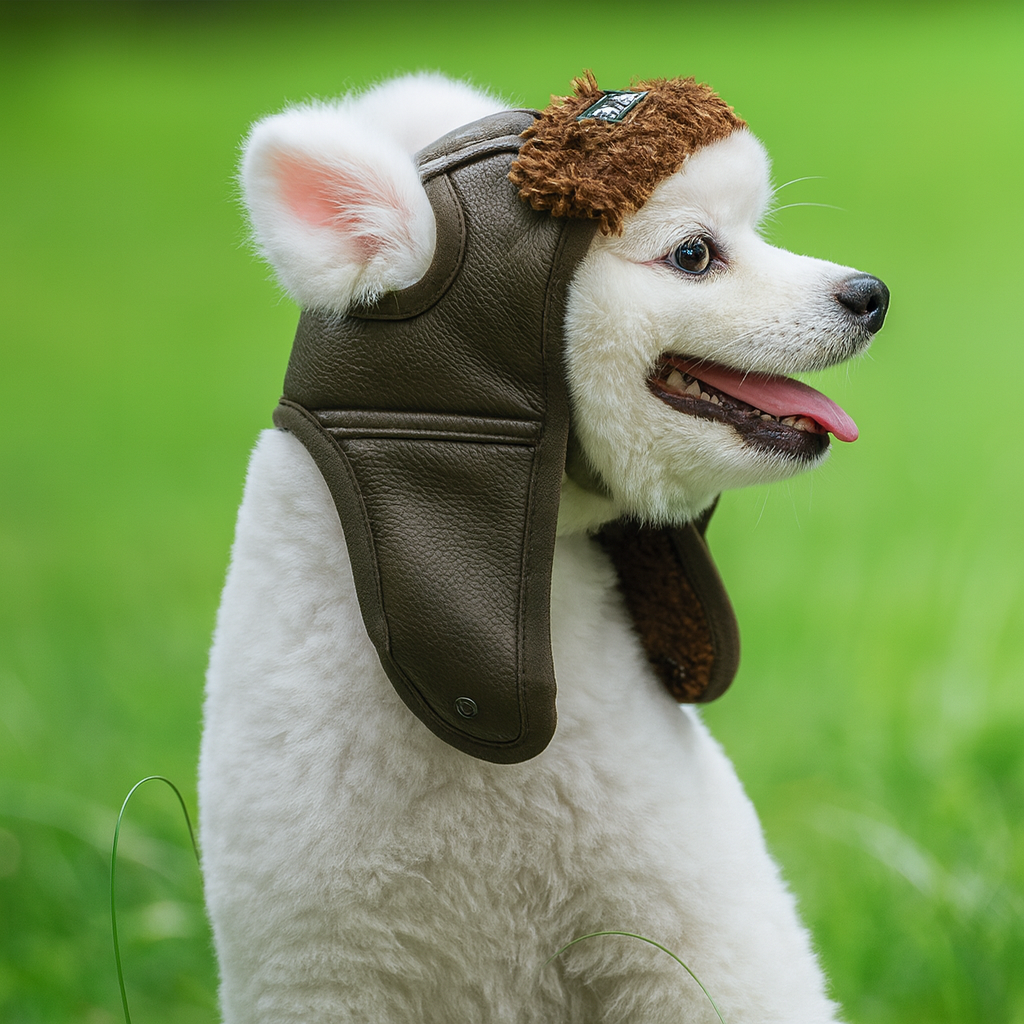 Petit chien de couleur blanc portant un bonnet pour chien en cachemire de couleur brun. Le petit chien est assis dans l'Herbe verte. Image produit Boutiquechien