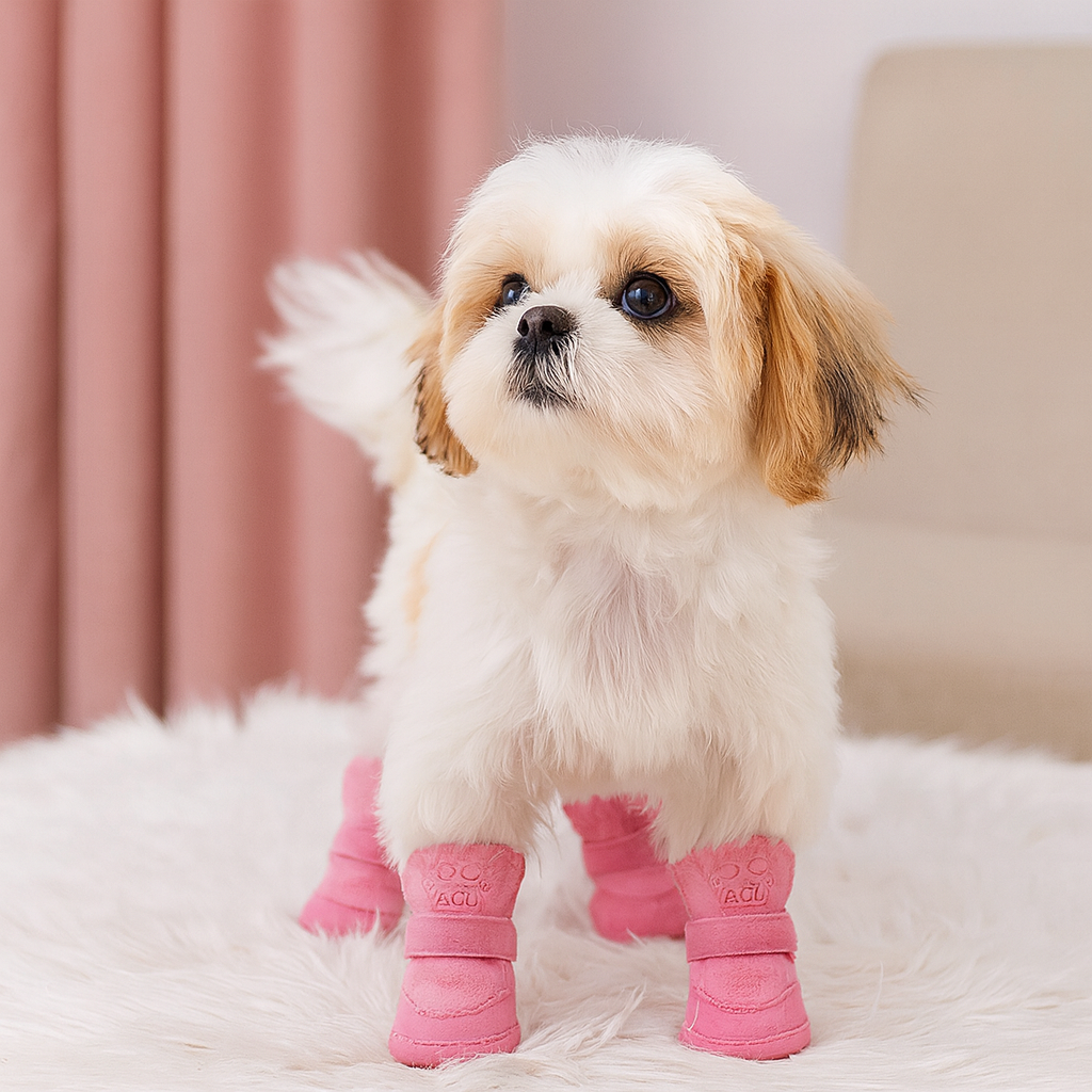 Petit chien de couleur blanc portant des bottes hivernal pour chien de couleur rose. Le chien est sur un tapis blanc avec en fond des rideaux roses. Image produit Boutiquechien