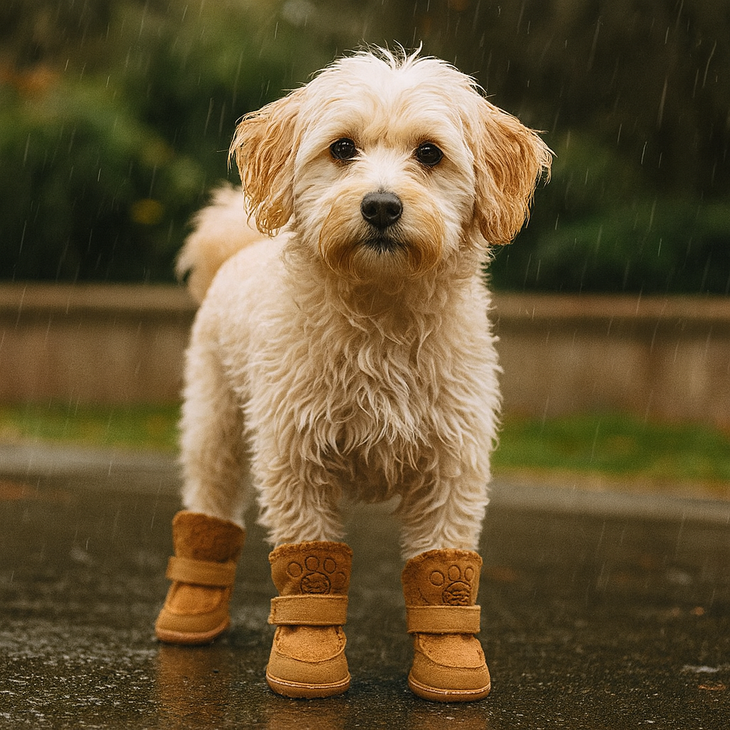 Petit chien de couleur blanc sous la pluie portant des bottes hivernal pour chien de couleur brune. Image produit Boutiquechien