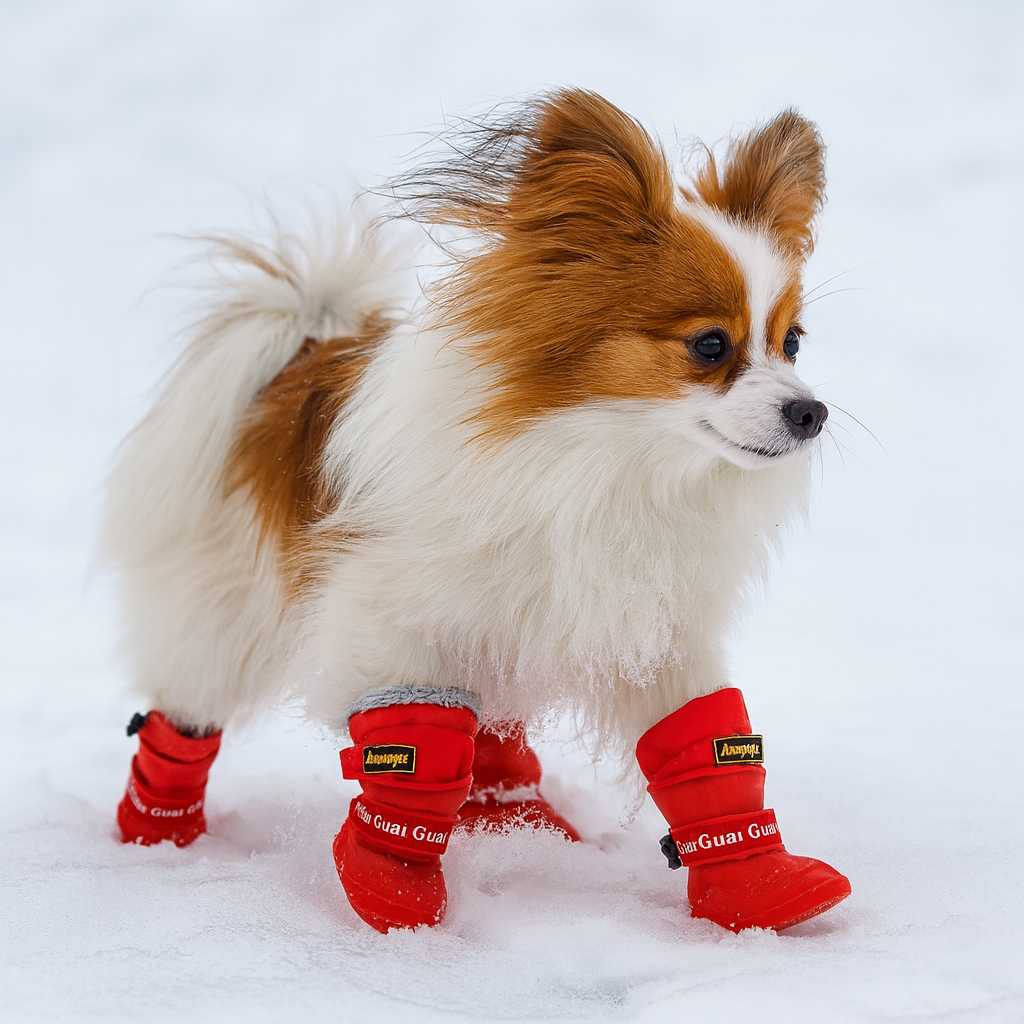 Chien de couleur blanc et brun marchant dans la neige avec ses bottes pour chiens de couleurs rouge dans la neige blanche. Image produit Boutiquechien