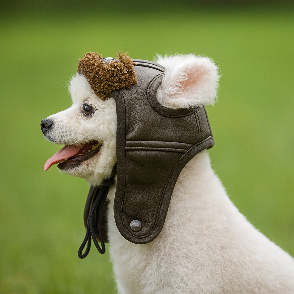 petit chien de couleur blanc portant un chapeau d hiver de couleur brun foncé. Le petit chien blanc est assis dans l'herbe verte. Image produit Boutiquechien