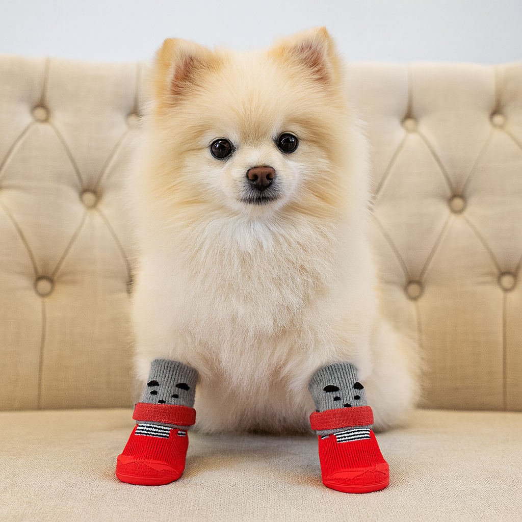 Petit chien de couleur blanc assis sur un canapé blanc. Le chien porte des chaussettes grise et rouge de boutiquechien
