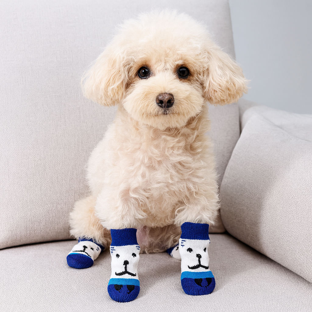 Petit chien de couleur blanc portant des chaussettes blanche avec des moustaches noirs. Le chien est assis sur un canapé pour chien gris. Image produit Boutiquechien