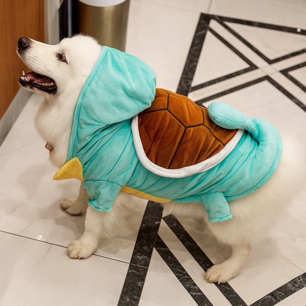 Petit chien blanc avec déguisement pour chien en forme de toture de couleur bleu avec carapace brune. Image produit Boutiquechien