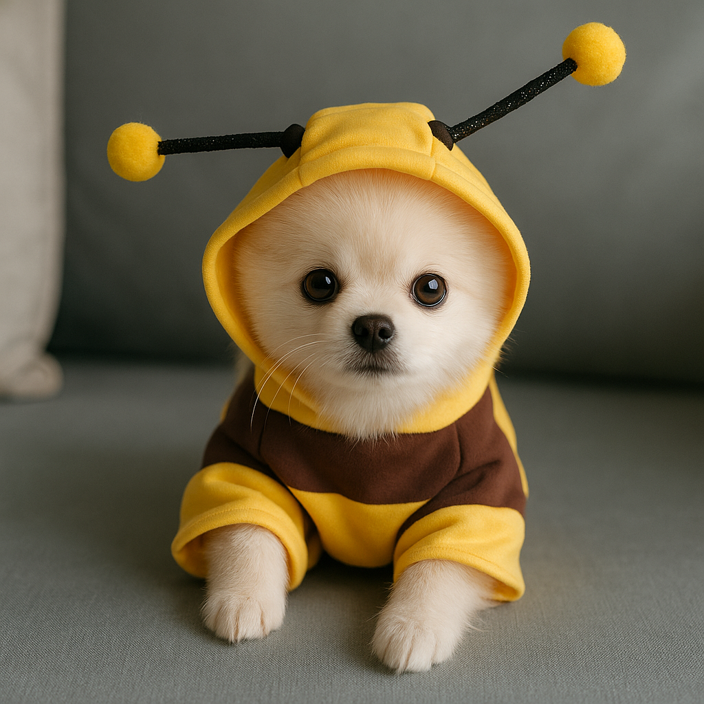 Petit chien de couleur blanc avec un déguisement abeille jaune et burn dans une fond foncé de boutiquechien