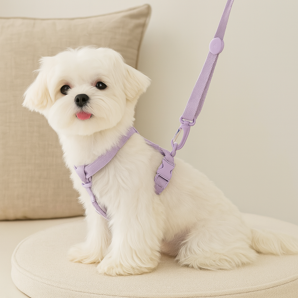 Harnais de couleur rose porté par un petit chien de couleur blanc posé sur un canapé de couleur blanc. Image produit Boutiquechien
