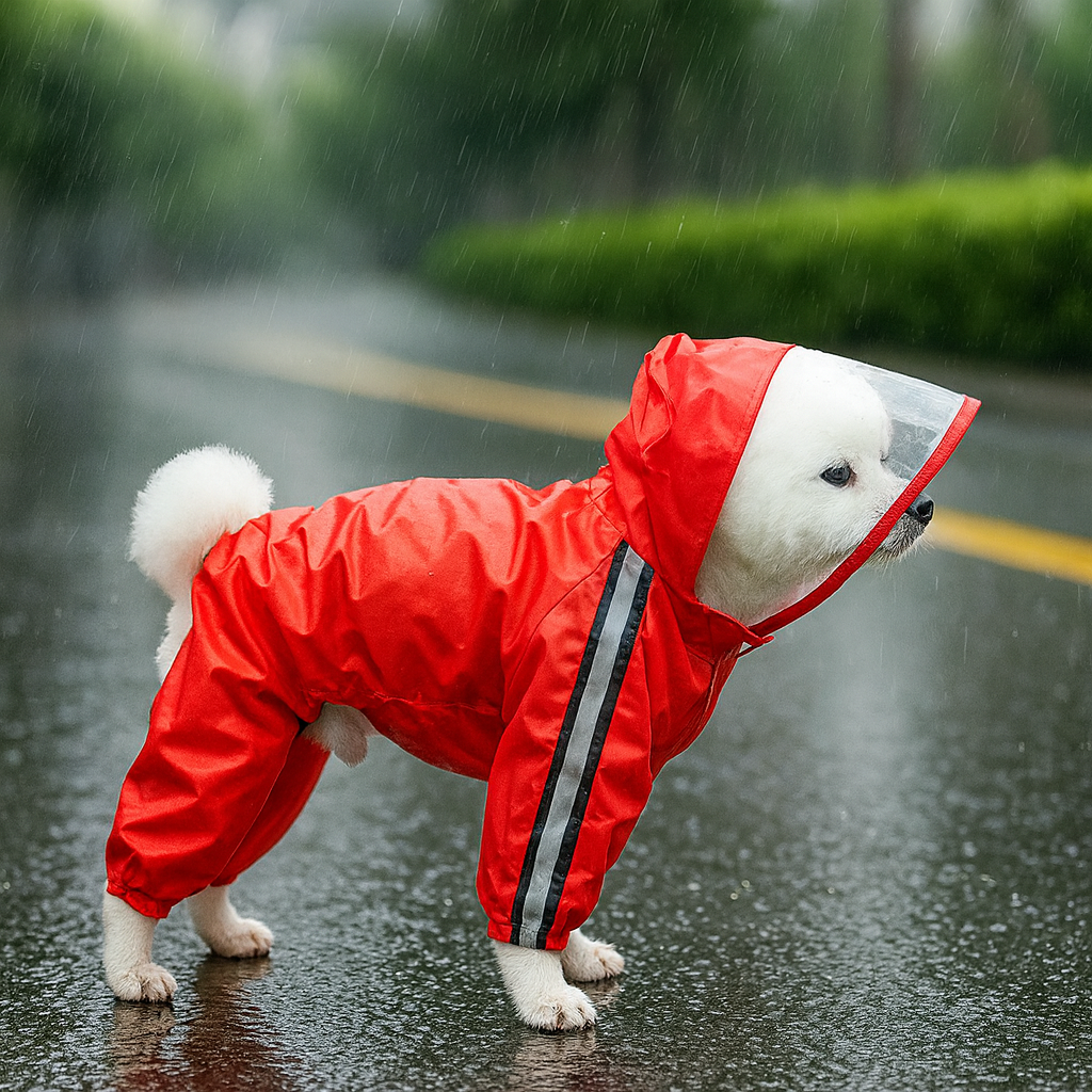 Petit chien de couleur blanc sur une route en gouderon de couleur noir avec des lignes jaunes et de la verdure. Image produit Boutiquechien