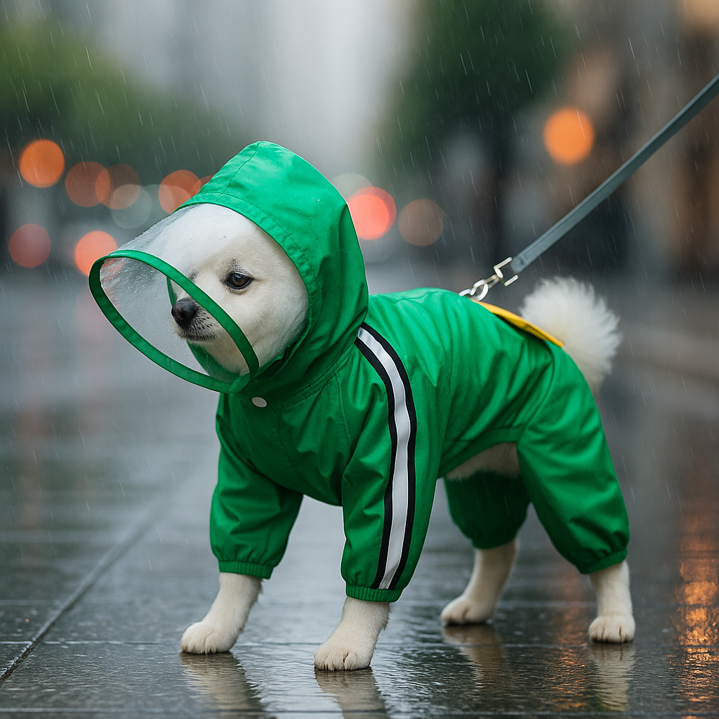Petit chien de couleur blanc avec un imper de couleur vert dans une rue avec de la pluie tombant. Image produit Boutiquechien