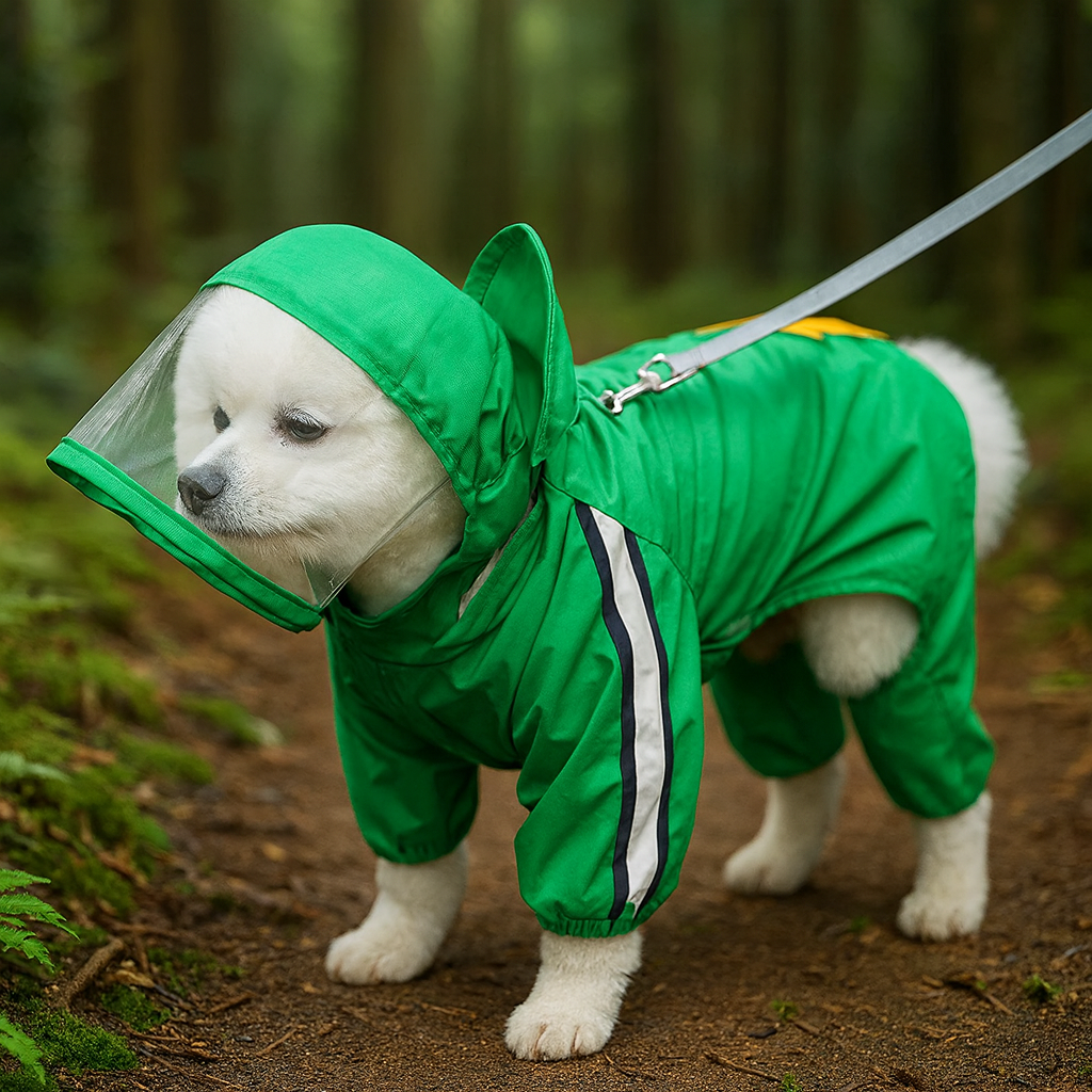 Petit chien de couleur blanc avec un imper vert dans une forêt de couleur verte avec plein d'arbre autour. Image produit Boutiquechien