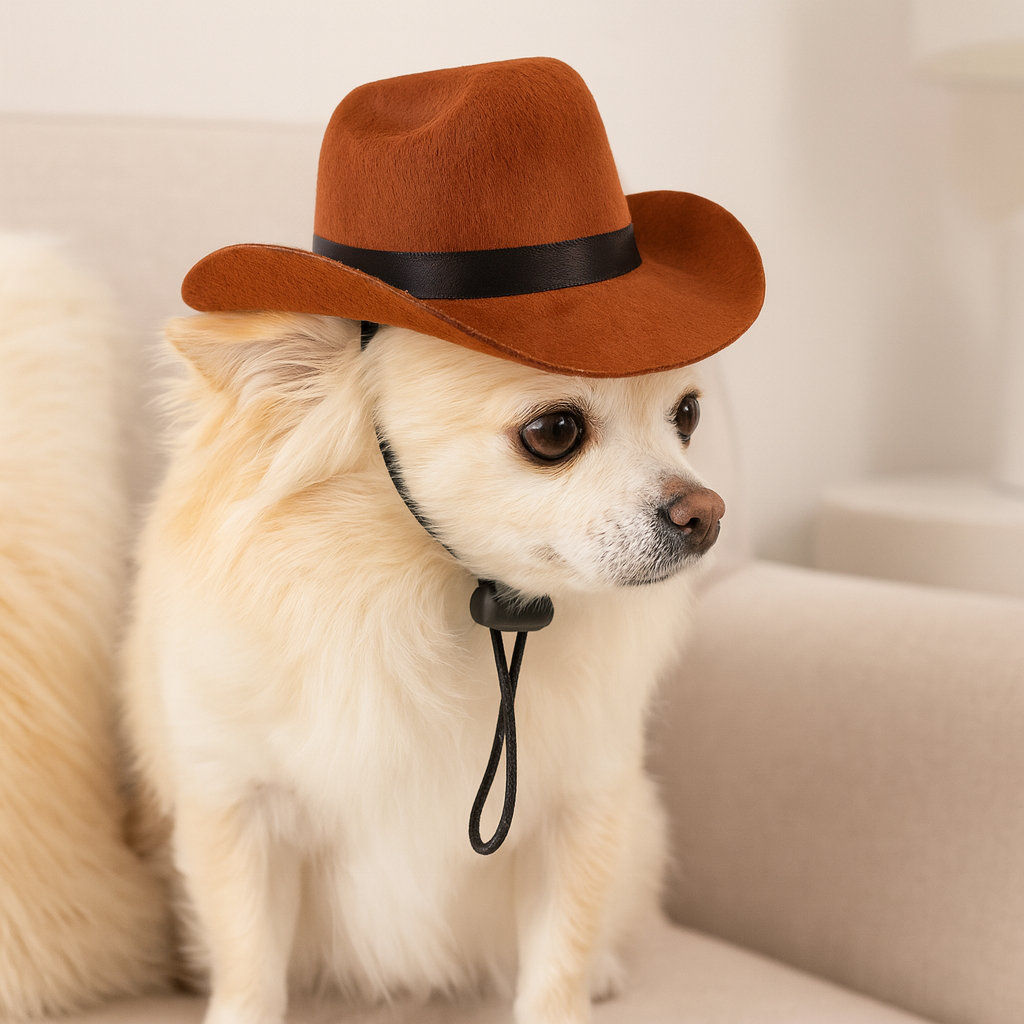 Petit chien sur un canapé blanc portant un chapeau de Cow boy pour chien de couleur brun. Image produit Boutiquechien