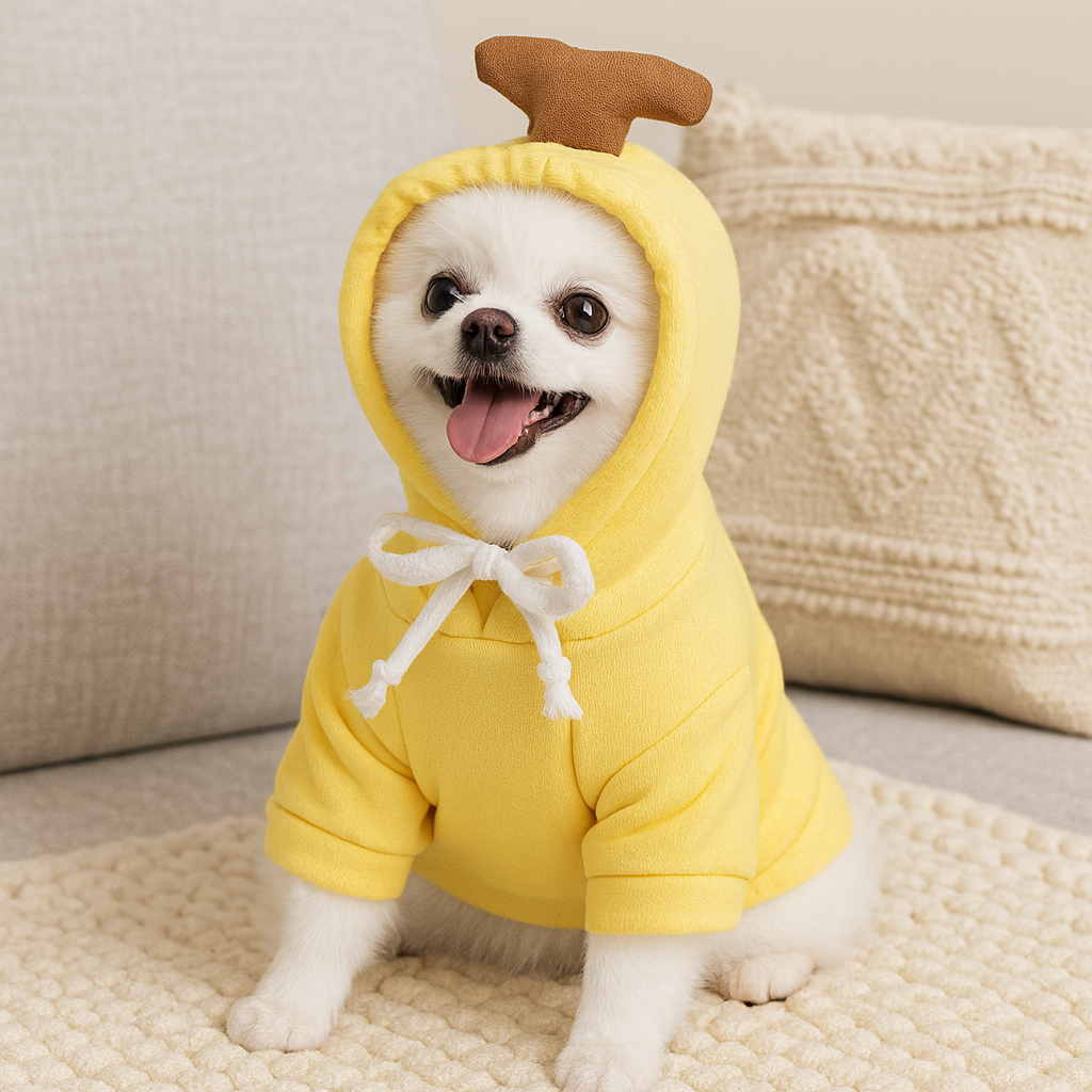 Petit chien de couleur blanc portant un déguisement de banane pour chien. Le chien est assis sur un canapé gris pour chien de boutiquechien
