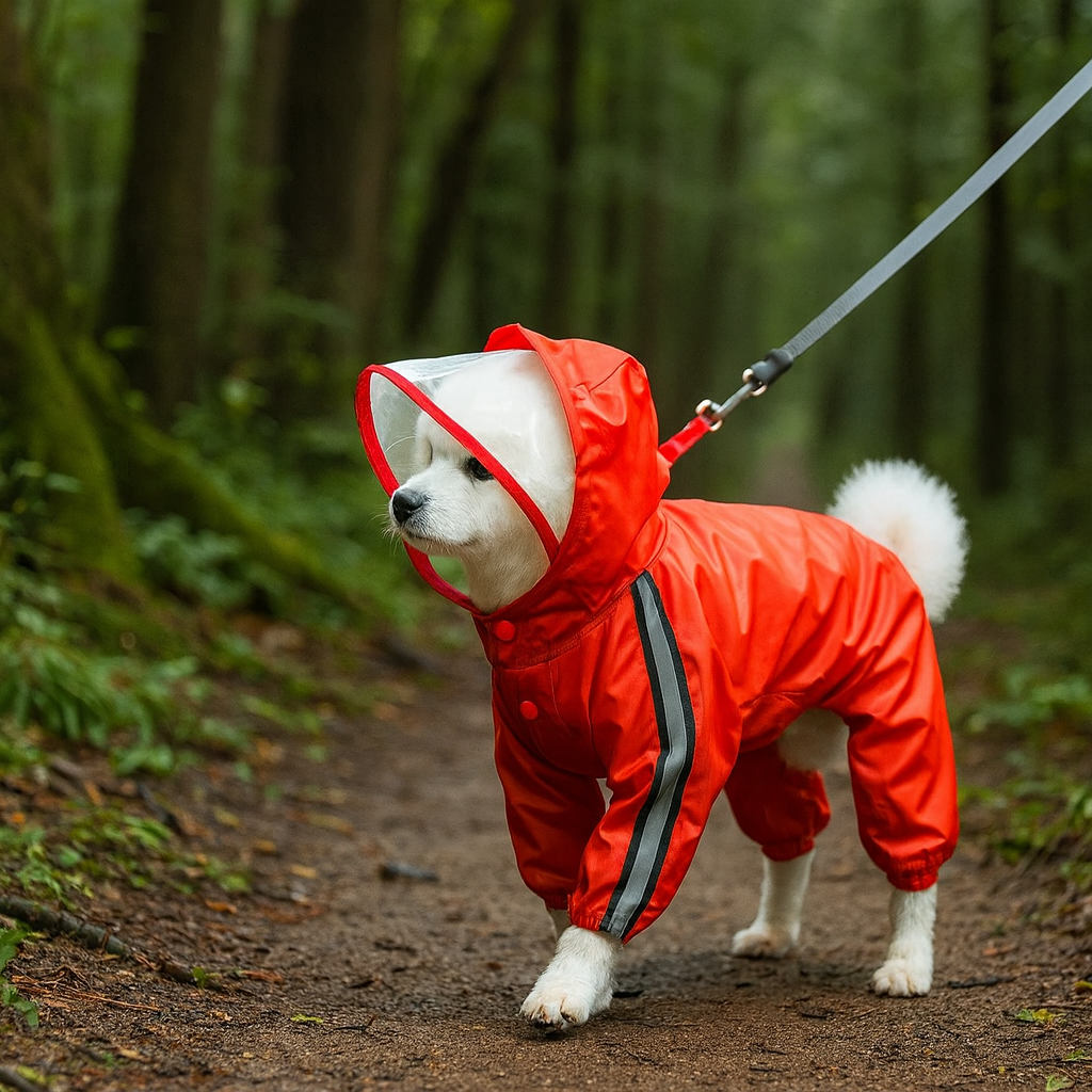 Petit chien de couleur blanc portant un imper de couleur rouge pour chien dans une forêt verte avec des arbres. Image produit Boutiquechien