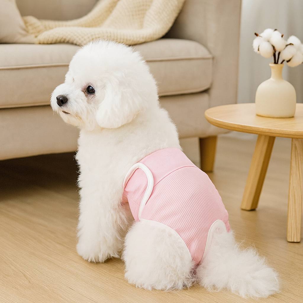 Petit chien de couleur blanc portant une couche pour chien de couleur rose et blanc. Le petit chien blanc est dans un salon de couleur claire avec en fond un canapé et une table basse. Image produit Boutiquechien