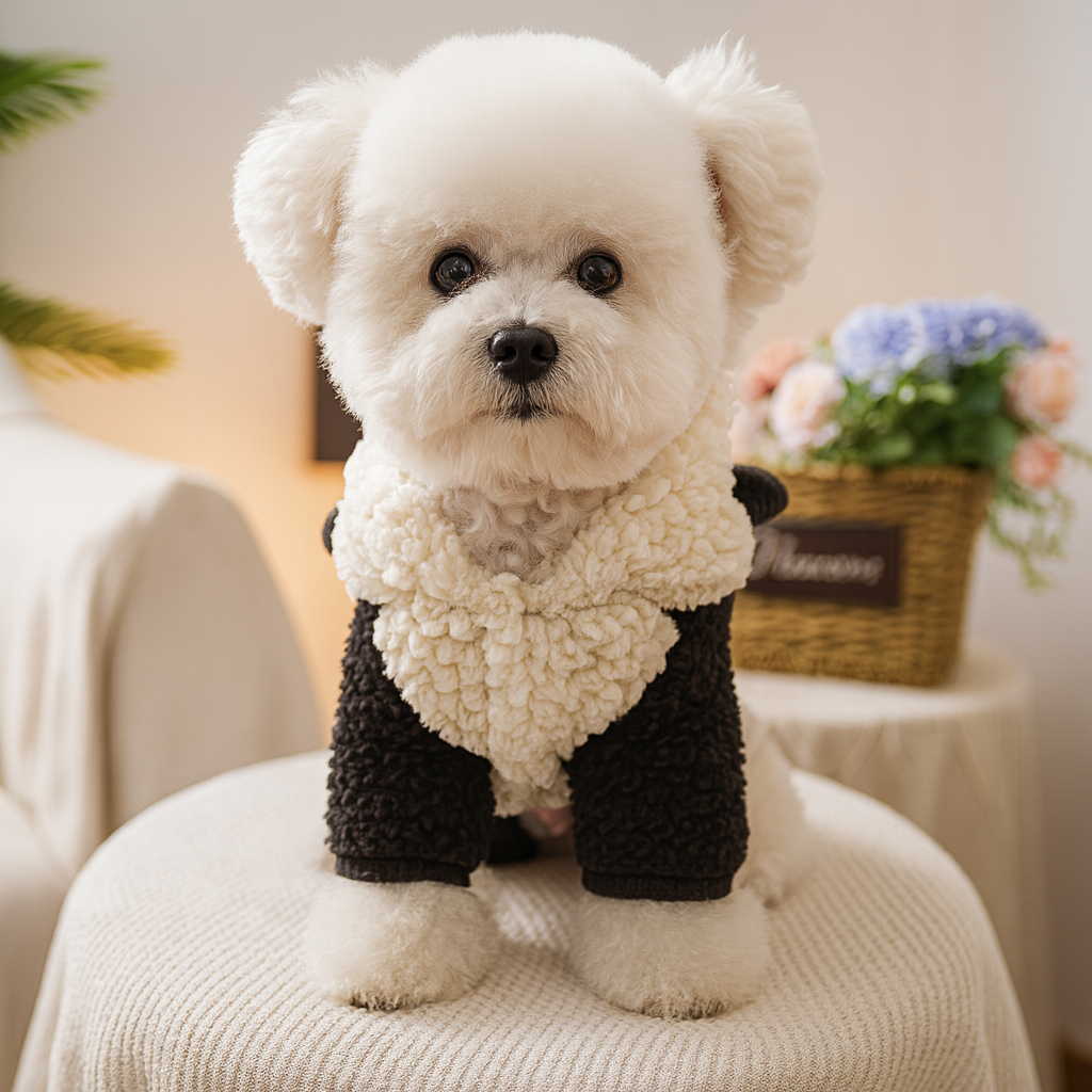 Petit chien de couleur blanc portant un déguisement de panda pour chien de couleur blanc et noir. Le chien est sur une table avec une nappe blanche avec en fond une plante verte. Image produit Boutiquechien