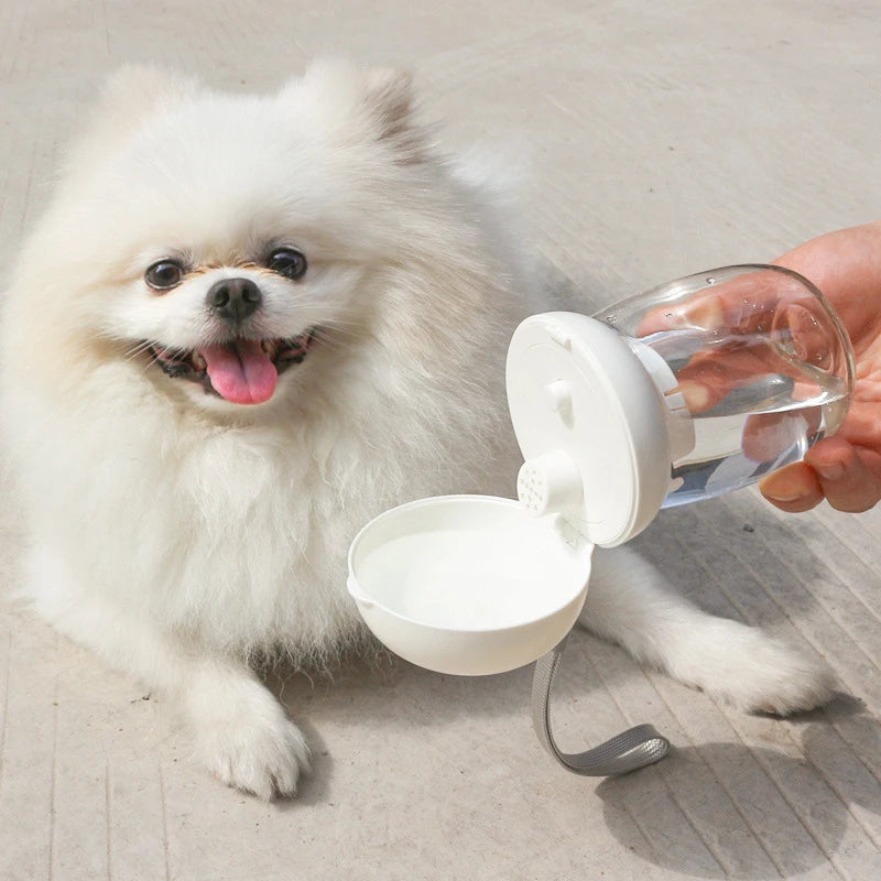 petit chien blanc couché sur un sol gris buvant dans une mini gourde à eau de ocukeru blanc. La gourde est tenu par une main sur le côte droit. Image produit Boutiquechien