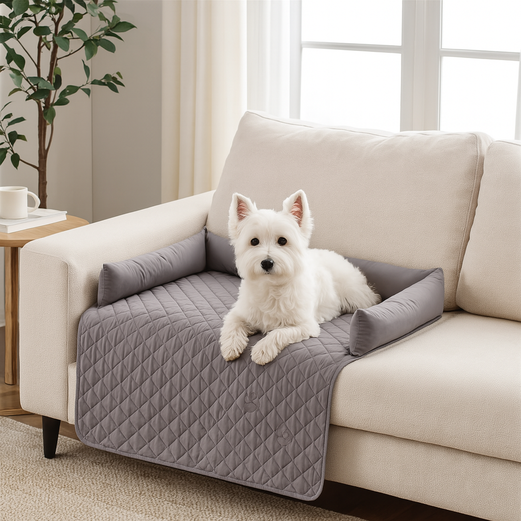 petit chien blanc couché sur une protection de canapé de couleur gris avec un rembourrage. Le tapis chien est posé sur un canapé de couleur blanc avec sur le côté une plante verte. Image produit Boutiquechien