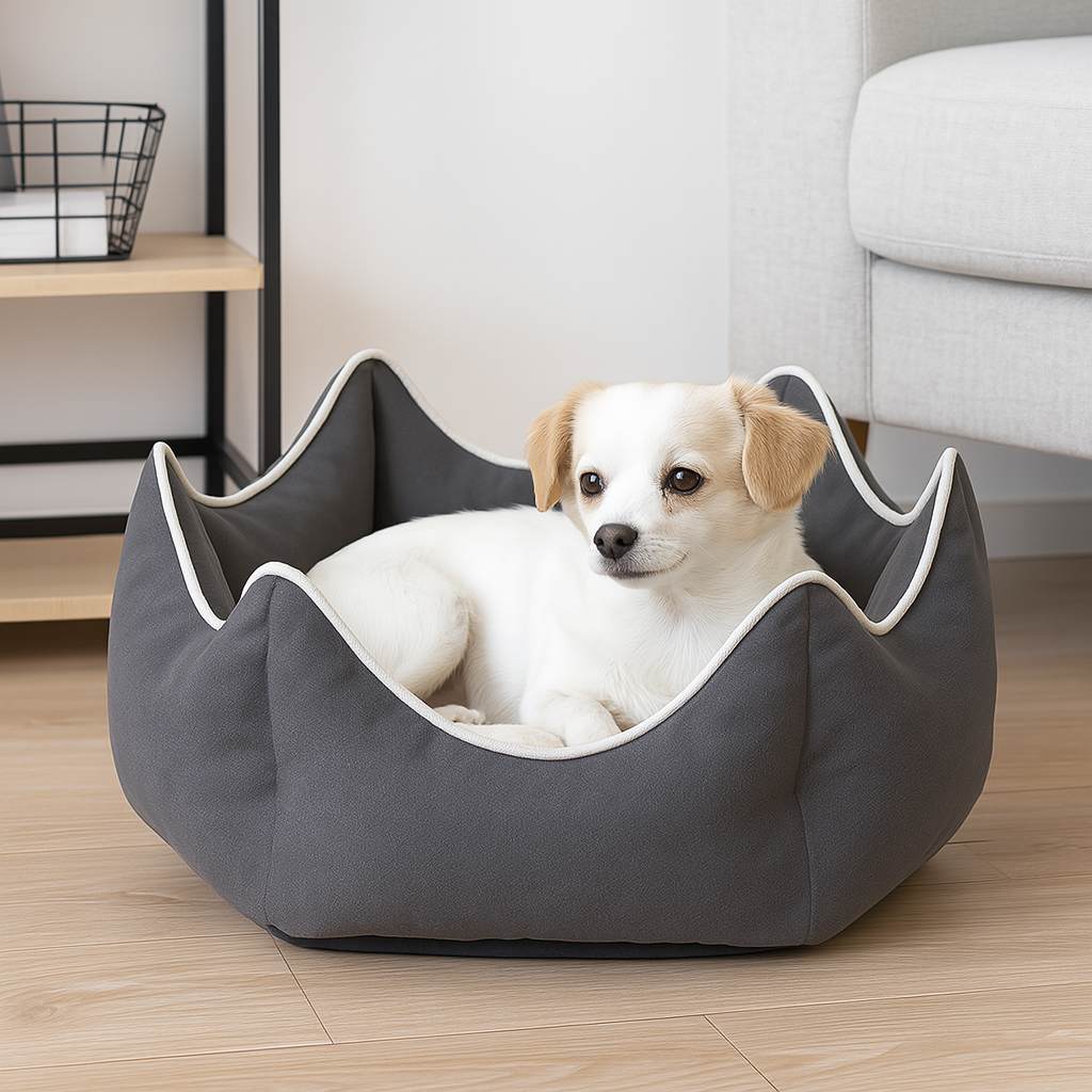 Petit chien de couleur blanc est couché dans un panier design de couleur gris. En fond il y a un meuble en bois et un canapé gris. Image produit Boutiquechien