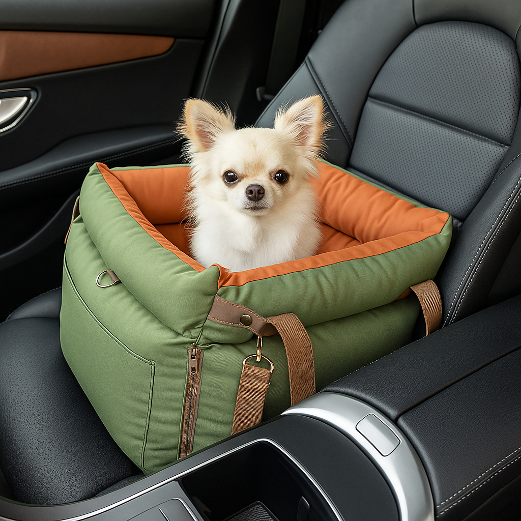 Petit chien blanc chihuahua blanc assis dans un panier chien pour voiture. Le panier chien est posé à l'avant d'une voiture noir. Image produit Boutiquechien