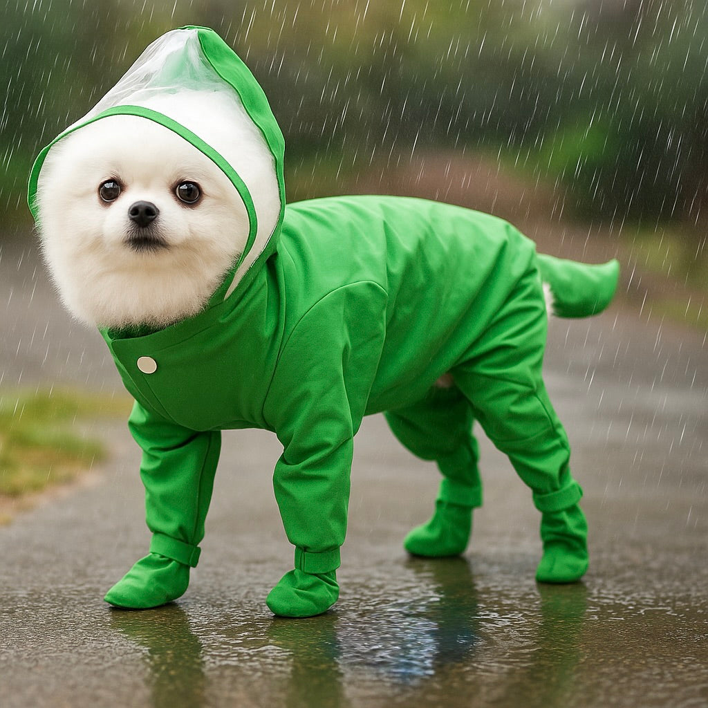 Petit chien dans une combinaison verte intégral pour chien sous la pluie. Image produit Boutiquechien