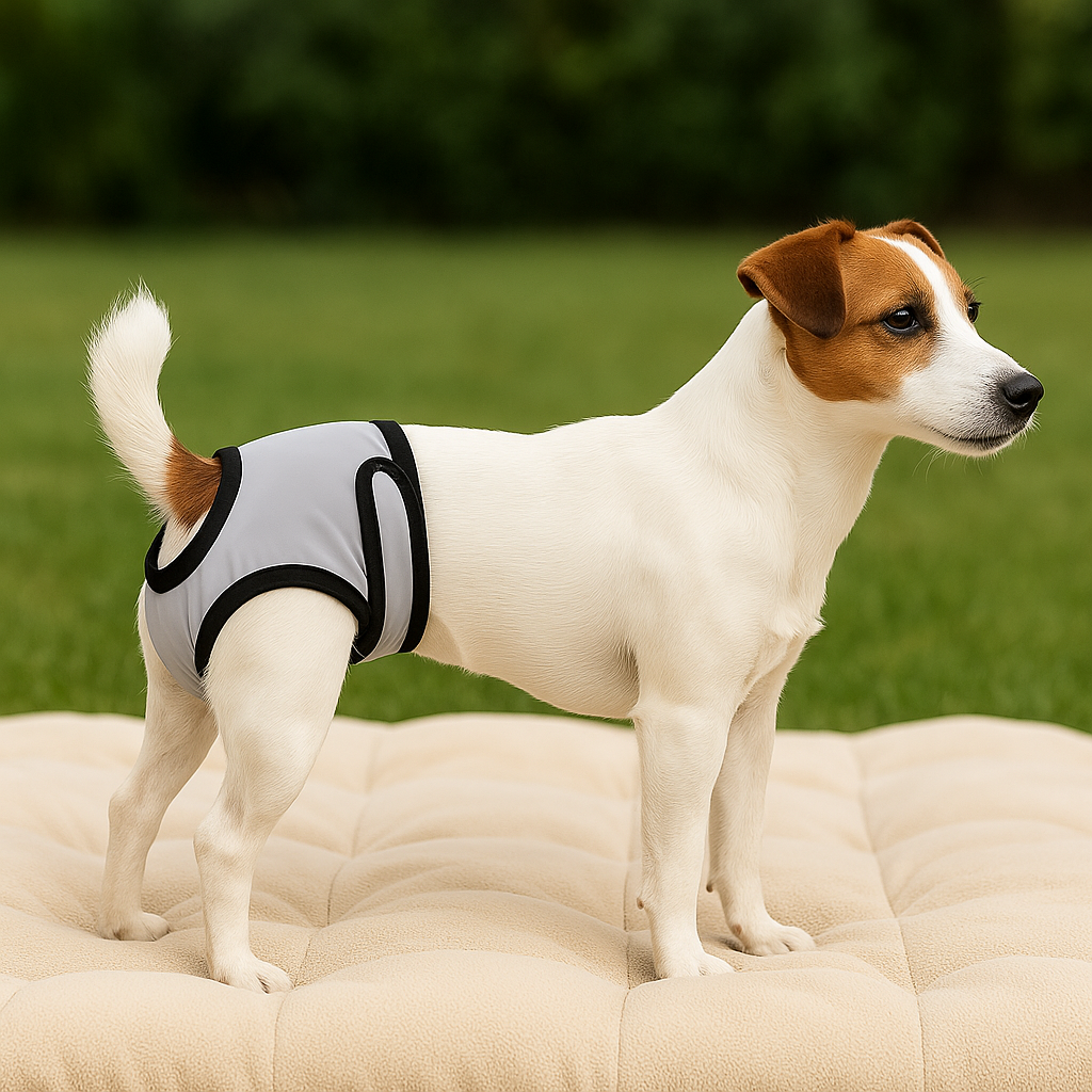 Couche menstruelle réutilisable pour femelle de couleur grise mis à un chien de couleur blanc et brun. Le chien est sur un pouf blanc avec en fond de l'Herbe et des arbres. Image produit Boutiquechien