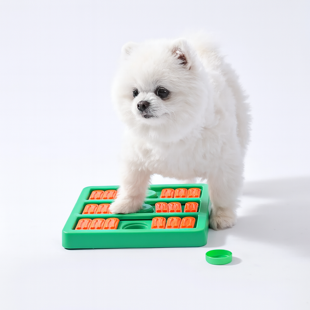 Petit chien de couleur bleu jouant avec un puzzle vert et orange. Le petit chien blanc a une patte sur le puzzle. Image produit Boutiquechien