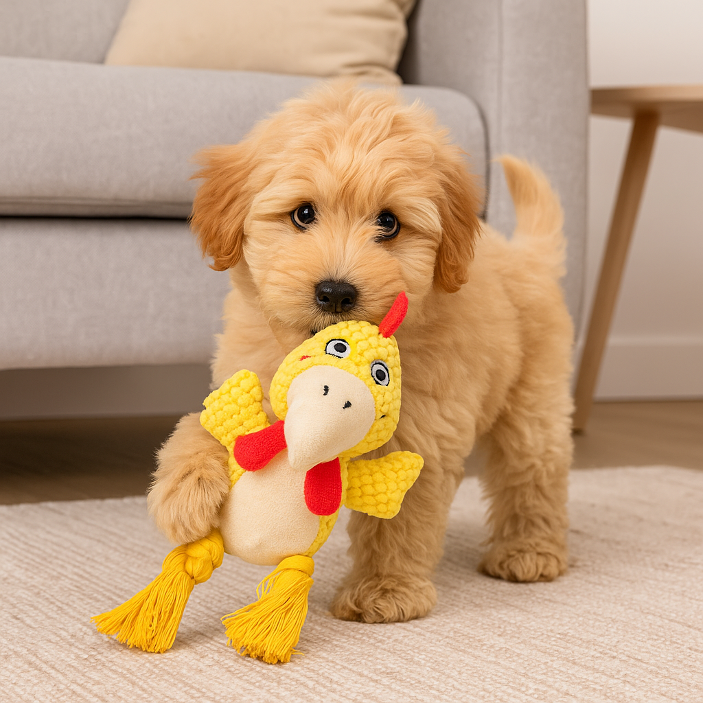 petit chien blanc jouant avec peluche en forme de coq de couleur jaune et rouge dans un salon de couleur claire. En fond il y a un canapé de couleur gris avec une table basse en bois. Image produit Boutiquechien