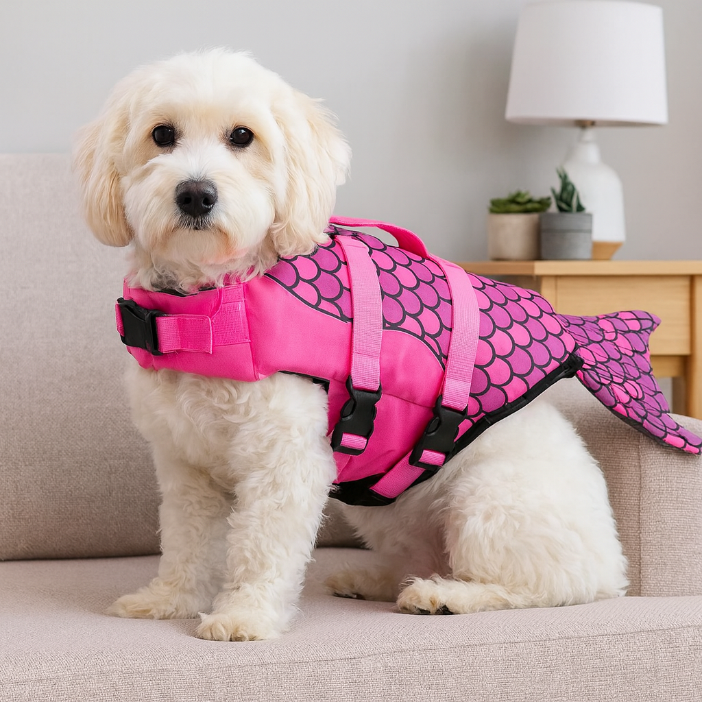 Petit chien blanc portant un gilet de sauvetage pour chien de couleur rose avec une forme de sirène. Le chien est dans un salon de couleur claire sur un canapé gris avec derrière une commode en bois. Image produit Boutiquechien