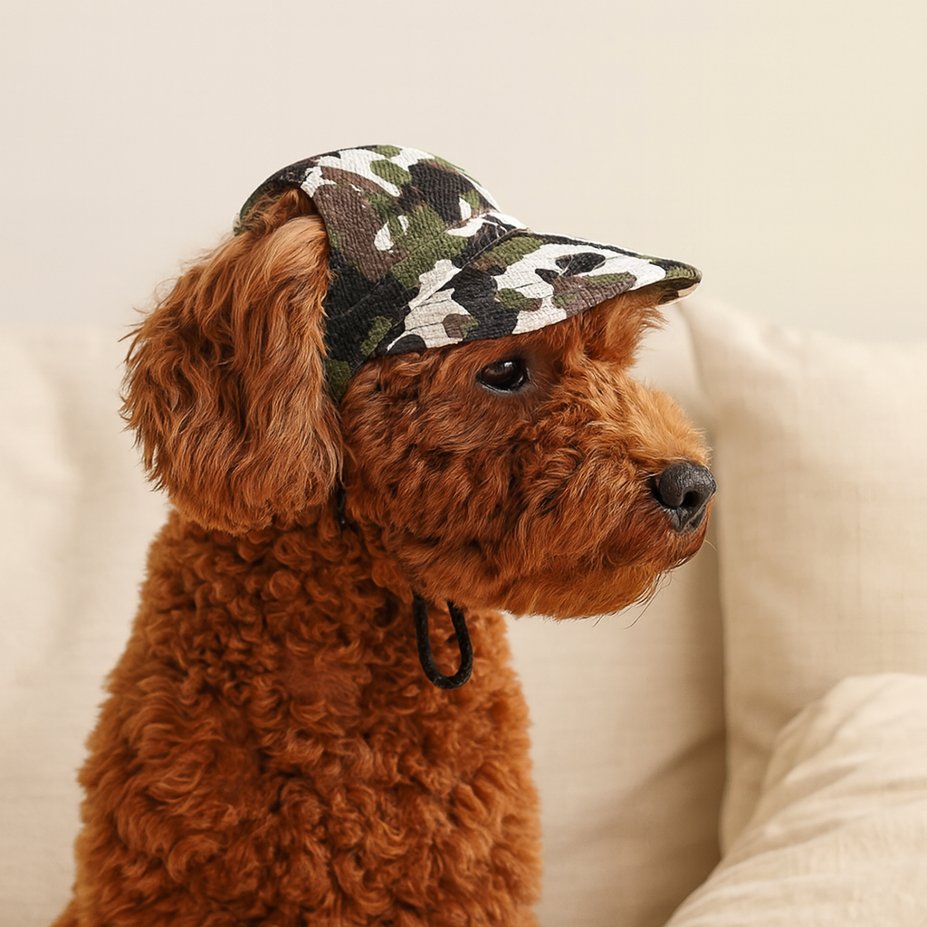 Petit chien de couleur brun avec une casquette pour chien camouflage près d'un canapé blanc. Image produit Boutiquechien