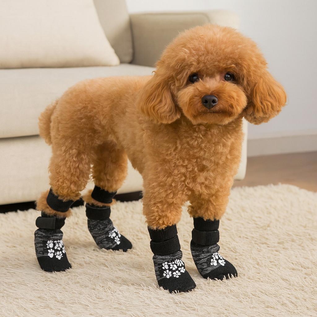 Petit chien de couleur burn portant des chaussettes pour chiens de couleur gris et noir. Le chiennes dans un salon de couleur claire avec en fond un canapé blanc de boutiquechien