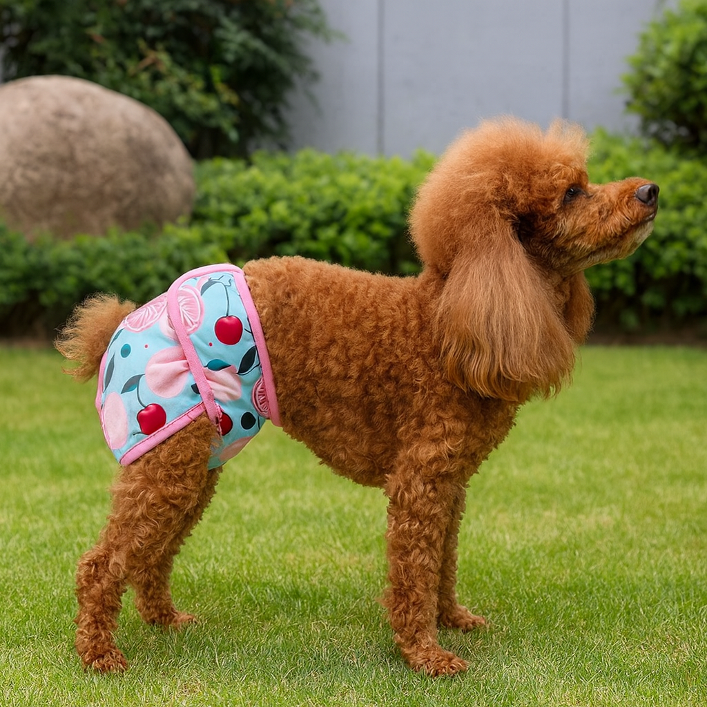 petit chien brun portant une couche pour chien colorer. Le chien est debout dans l'herbe dans son jardin avec en fond une haie verte. Image produit Boutiquechien