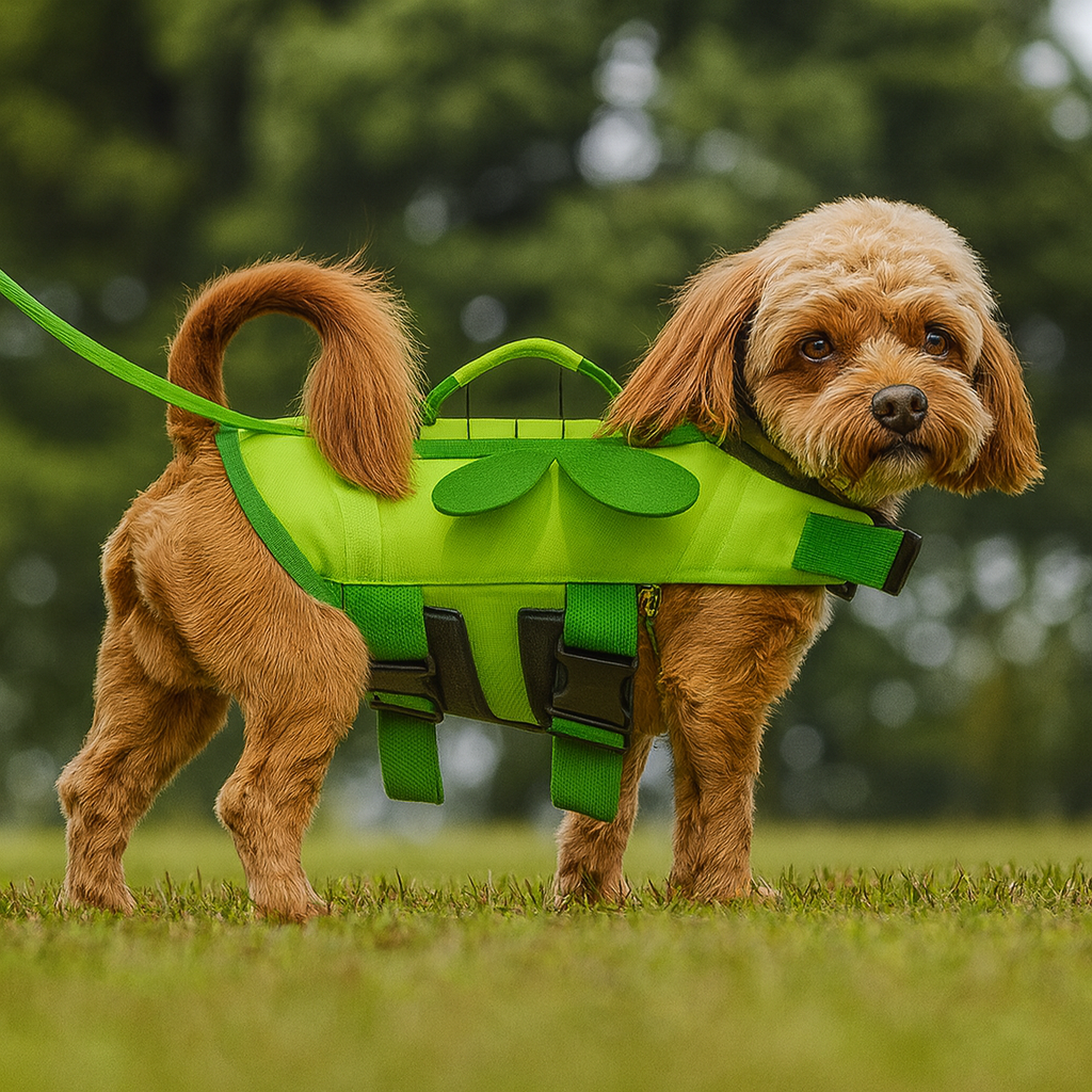 Petit chien de couleur brun portant un gilet de sauvetage pour chien de couleur vert dans l'Herbe verte. Image produit Boutiquechien