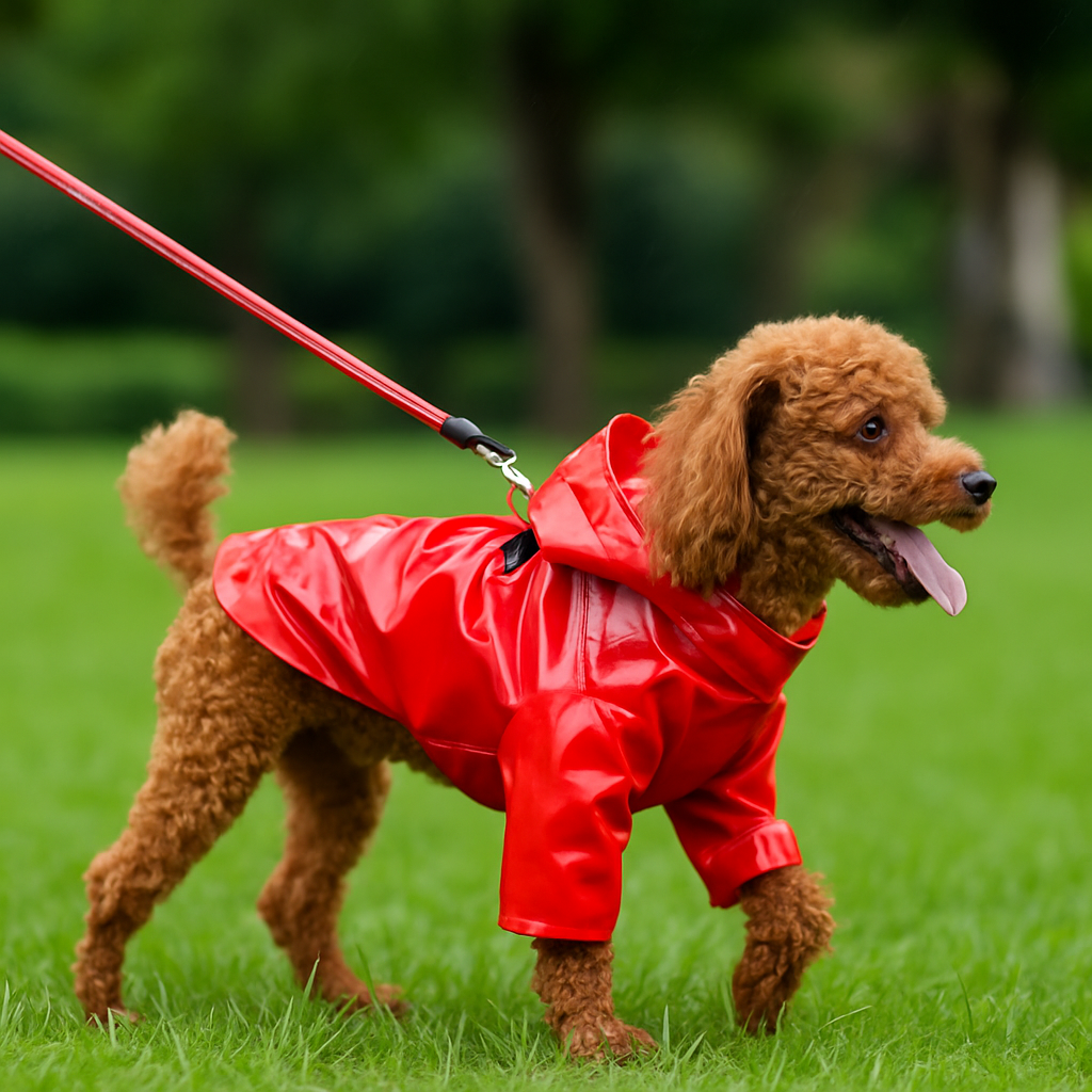 Petit chien de couleur brun marchant dans l'herbe verte maintenu par une laisse rouge. Le chien porte un imper rouge. Image produit Boutiquechien
