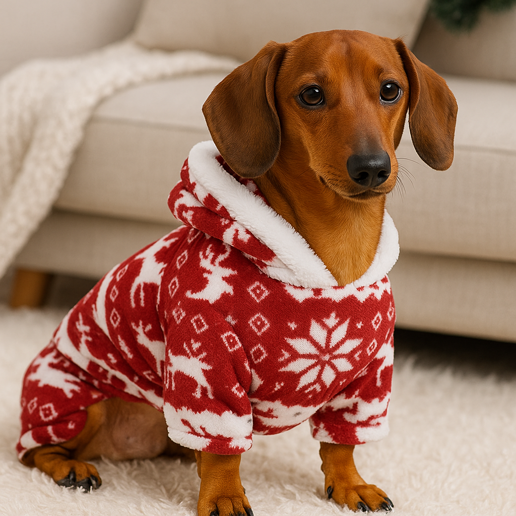 Petit chien brun portant un pull de Noel pour chien de couleur rouge. Le chiens assis dans un salon de couleur claire avec en fond un canapé blanc. Image produit Boutiquechien