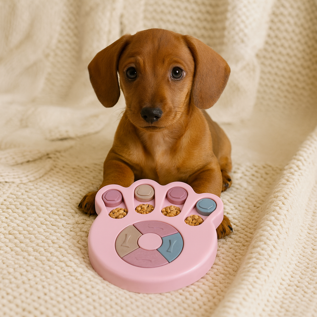 puzzle pour chien en forme de patte de couleur rose. Un petit chien brun et assis derrière le puzzle. Image produit Boutiquechien