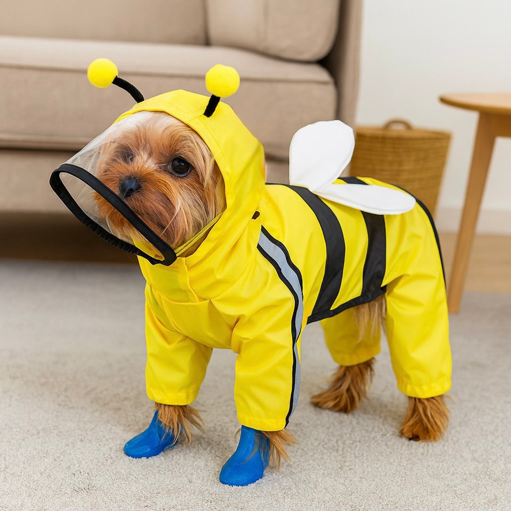 petit chien de couleur brun portant un imper jaune en forme d'abeille dans un salon claire. En fond il y a un canapé de couleur gris. Image produit Boutiquechien