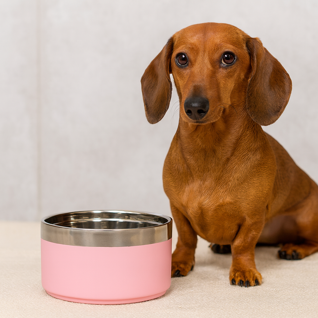 petit chien de couleur brun derrière sa gamelle anti-dérapante de couleur rose en inox. Image produit Boutiquechien