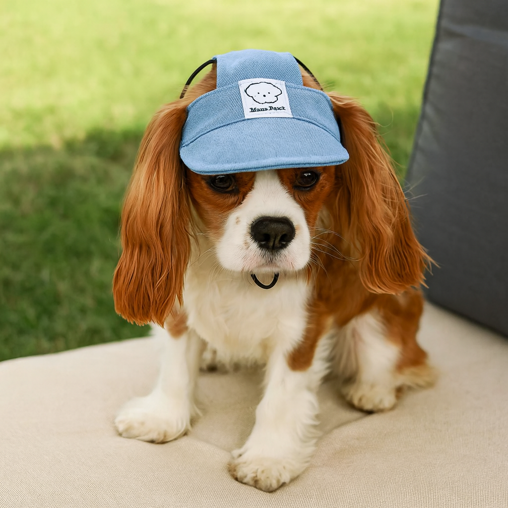 Chien de taille moyenne de couleur brun et blanc portant une casquette pour chien de couleur bleu. Le chien est assis sur un pouf blanc dans l'herbe verte. Image produit Boutiquechien