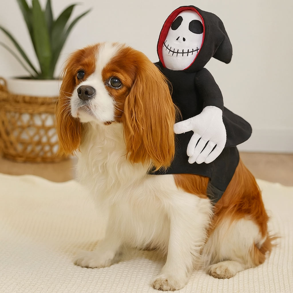 petit chien de couleur brun et blanc portant un déguisement de la faucheuse noir et blanc. En fond il y a une plante verte dans un peau blanc. Image produit Boutiquechien